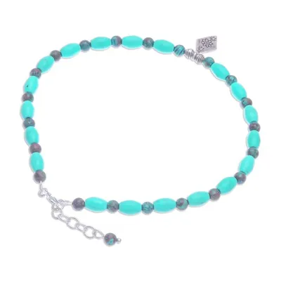 Alternate image for Blue Howlite and Jasper Beaded Anklet with Silver Charm Triangular Bloom in Blue