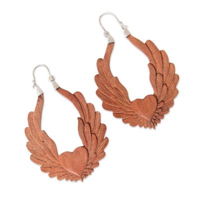 Alternate image for Artisan Crafted Balinese Wood and Silver Hoop Earrings Angel Heart
