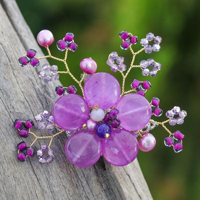 Alternate image for Flower-Shaped Purple Cultured Pearl and Quartz Brooch Pin Petals of Magic