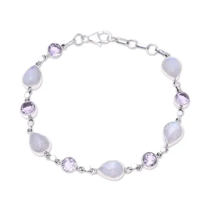 Alternate image for Handmade Amethyst Rainbow Moonstone Link Bracelet from India Misty Lilac