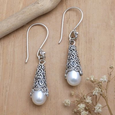 Alternate image for Sterling Silver and Cultured Pearl Dangle Earrings White Arabesque Dewdrop