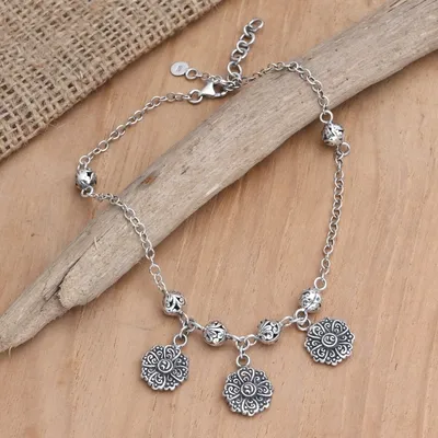 Alternate image for Sterling Silver Charm Anklet with Floral Motif Flower Lanterns