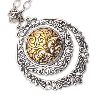 Alternate image for Patterned Gold Accented Sterling Silver Pendant Necklace Jungle Roots