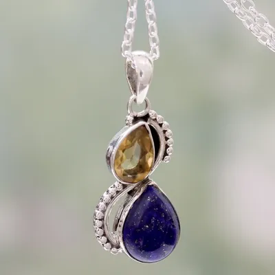 Alternate image for India Silver and Lapis Lazuli Necklace with Faceted Citrine Two Teardrops