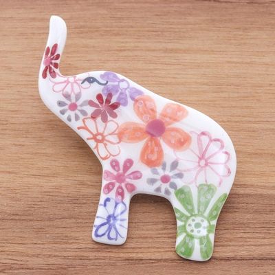 Alternate image for Hand Painted Elephant Brooch Pin with Flowers on White White Floral Elephant