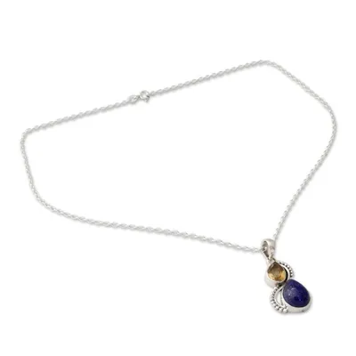 Alternate image for India Silver and Lapis Lazuli Necklace with Faceted Citrine Two Teardrops