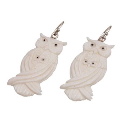 Alternate image for Handcrafted Bone Owl Family Dangle Earrings from Bali Owl Bond