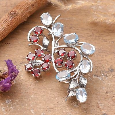 Alternate image for 10-Carat Blue Topaz and Garnet Rhodium-Plated Brooch Pin Ethereal Radiance