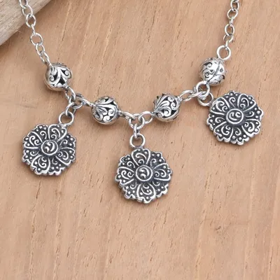 Alternate image for Sterling Silver Charm Anklet with Floral Motif Flower Lanterns