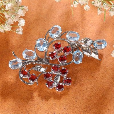 Alternate image for 10-Carat Blue Topaz and Garnet Rhodium-Plated Brooch Pin Ethereal Radiance