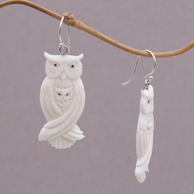 Alternate image for Handcrafted Bone Owl Family Dangle Earrings from Bali Owl Bond