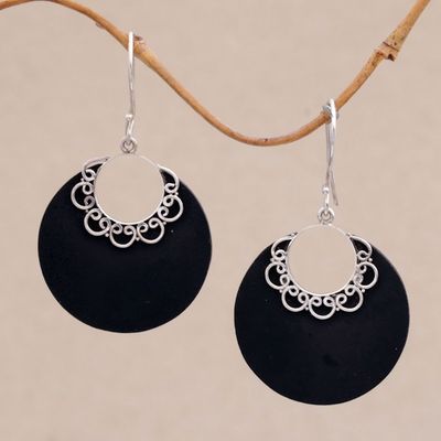Alternate image for Sterling Silver and Lava Stone Crescent Earrings from Bali Crescent Lace