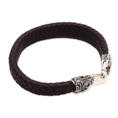 Alternate image for Mens Leather and Sterling Silver Bracelet in Brown Bun Claw in Brown