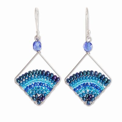 Alternate image for Square Blue Beaded Dangle Earrings With Silver Hooks Blue Beaded Rainbow