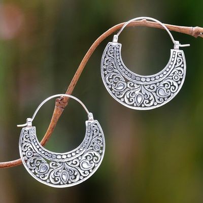 Alternate image for Ornately Detailed Sterling Silver 925 Hoop Earrings Garden of Eden