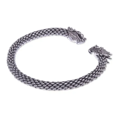 Alternate image for Dragon Themed Unisex Sterling Silver Cuff Bracelet Double Dragons