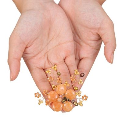 Alternate image for Flower-Shaped Orange Cultured Pearl and Quartz Brooch Pin Petals of Optimism