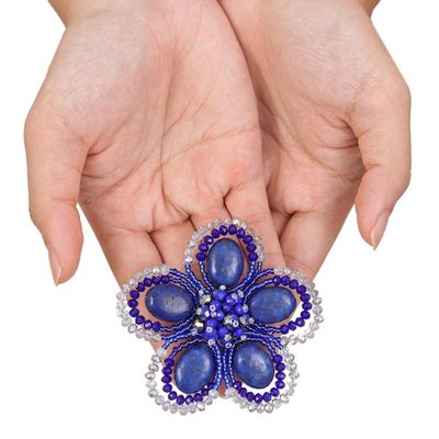 Alternate image for Handmade Floral Dark Blue Howlite and Glass Bead Brooch Pin Spring in Dreams