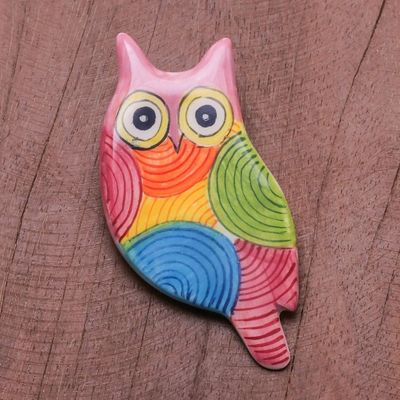 Alternate image for Colorful Ceramic Owl Brooch from Thailand Rainbow Owl