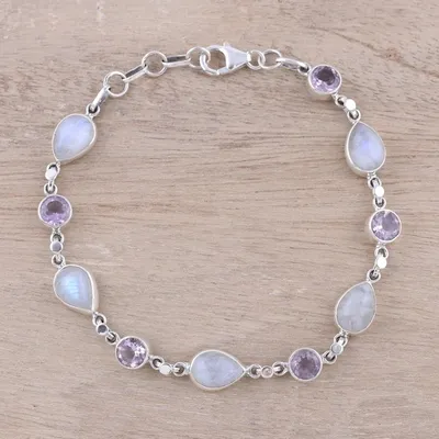 Alternate image for Handmade Amethyst Rainbow Moonstone Link Bracelet from India Misty Lilac