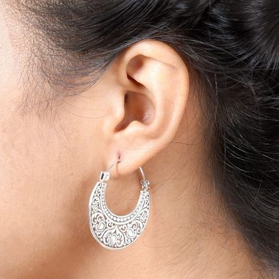 Alternate image for Ornately Detailed Sterling Silver 925 Hoop Earrings Garden of Eden