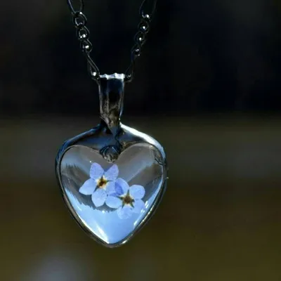 Alternate image for Pressed Flower Jewelry, Forget-Me-Not Heart Pendant, Quality Glass Necklace for Women