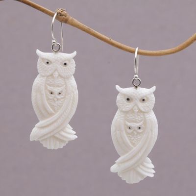 Alternate image for Handcrafted Bone Owl Family Dangle Earrings from Bali Owl Bond