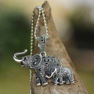 Alternate image for Garnet and Marcasite Elephant Pendant Necklace from Thailand Glistening Elephants