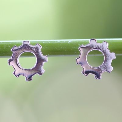 Alternate image for Silver Gear Earrings with High Polish Finish from Thailand Gears Turning