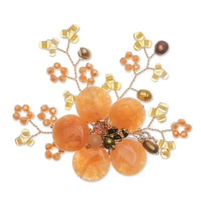 Alternate image for Flower-Shaped Orange Cultured Pearl and Quartz Brooch Pin Petals of Optimism