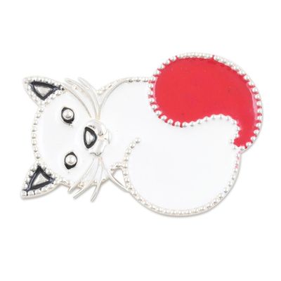 Alternate image for Red Cat-Themed Sterling Silver Brooch Pin from India Fancy Cat