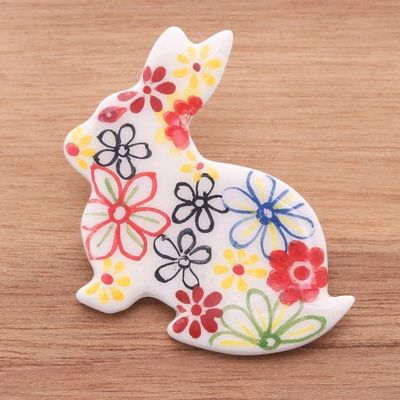 Alternate image for Hand Painted White Rabbit Brooch Pin with Flowers White Floral Rabbit