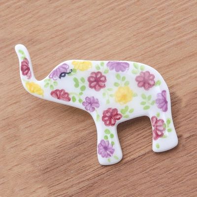 Alternate image for White Elephant Hand Painted Brooch Pin with Flowers Pretty Floral Elephant
