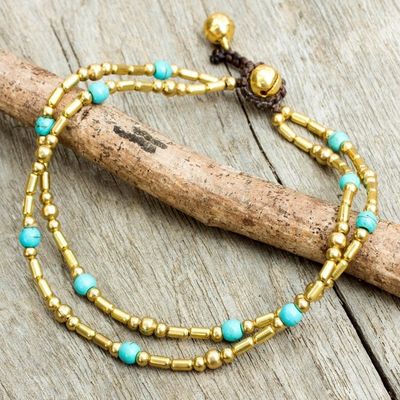 Alternate image for Thailand Blue Calcite Double Strand Brass Bead Anklet Golden Bell