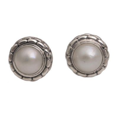 Alternate image for Cultured Pearl and Sterling Silver Button Earrings from Bali Temple Domes