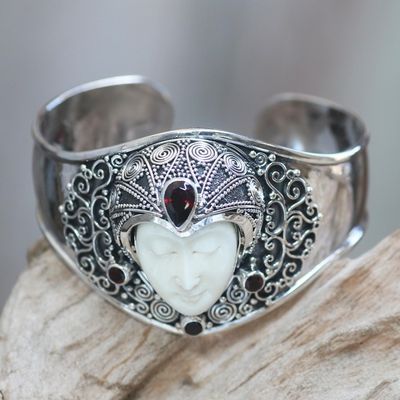 Alternate image for Artisan Crafted Carved Bone and Silver Cuff with Garnets Jungle Princess
