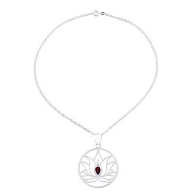 Alternate image for Garnet Sterling Silver Lotus Flower Pendant Necklace Lotus Heart