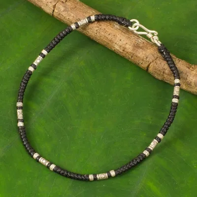 Alternate image for Artisan Crafted Black Anklet with Karen Hill Tribe Silver Wandering Black
