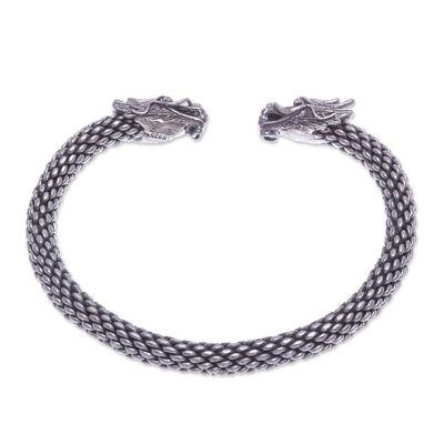 Alternate image for Dragon Themed Unisex Sterling Silver Cuff Bracelet Double Dragons