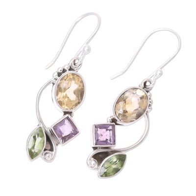 Alternate image for Citrine Amethyst Peridot and Sterling Silver Dangle Earrings Sun with Violets