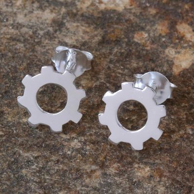 Alternate image for Silver Gear Earrings with High Polish Finish from Thailand Gears Turning