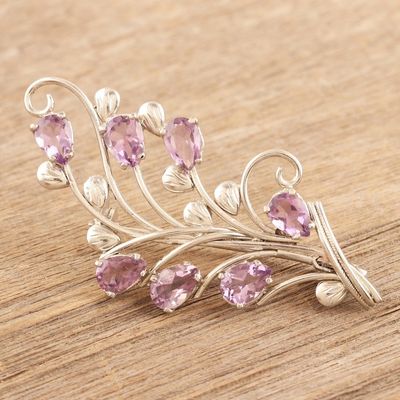 Alternate image for Handmade Rhodium-Plated Amethyst Brooch Flowering Lilac