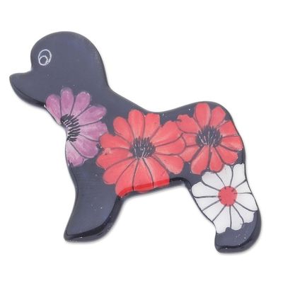 Alternate image for Hand Painted Black Poodle Dog Brooch Pin with Flowers Black Floral Poodle