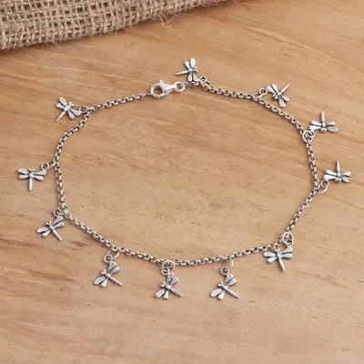 Alternate image for Sterling Silver Dragonfly Charm Ankle Bracelet Dazzling Dragonflies