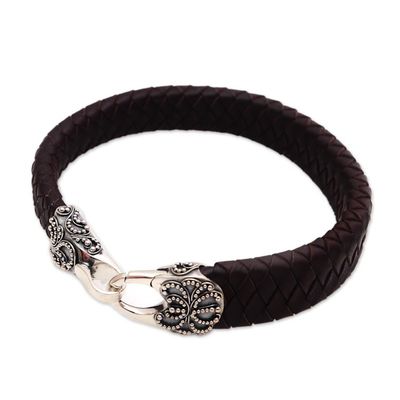 Alternate image for Mens Leather and Sterling Silver Bracelet in Brown Bun Claw in Brown