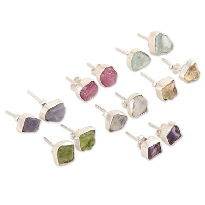 Alternate image for Set of 7 Gemstone Stud Earrings Crafted in India Yoga Delight