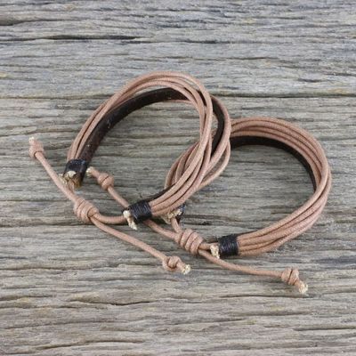 Alternate image for Pair of Mens Leather Cord Wristband Bracelets from Thailand Bold Espresso Contrast
