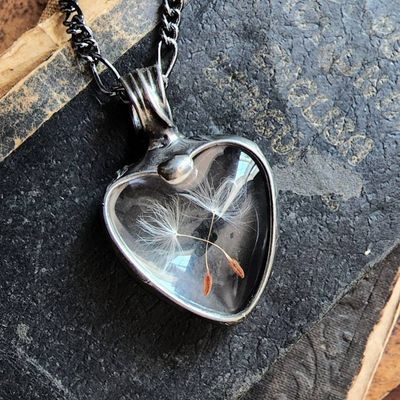 Alternate image for Dandelion Seed Heart Pendant Necklace for Women, Stained Glass Terrarium Jewelry