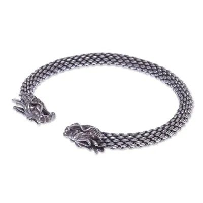 Alternate image for Dragon Themed Unisex Sterling Silver Cuff Bracelet Double Dragons