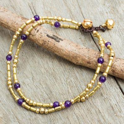 Alternate image for Handcrafted Purple Quartz and Brass Bead Anklet Golden Bell